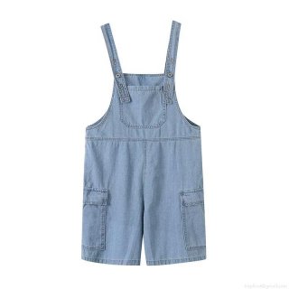 Women Loose Casual Denim Overalls Short Jumpsuit Cotton Sleeveless Cargo Streetwear Light Blue Jean Playsuit With Adjustable Straps And Pockets