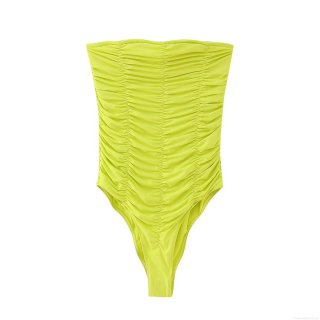 Women Sexy Neon Green Ruched Bodysuit Strapless Off Shoulder Slim Fit Polyester Jumpsuit For Club Party Streetwear
