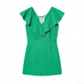 Women's Chic Green Ruffled V-Neck Romper 100% Polyester Sleeveless Jumpsuit With Back Tie And Elastic Waist Summer Fashion Short One-Piece For Women