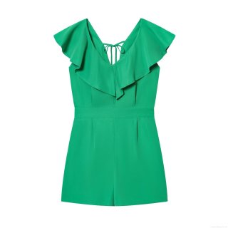 Women's Chic Green Ruffled V-Neck Romper 100% Polyester Sleeveless Jumpsuit With Back Tie And Elastic Waist Summer Fashion Short One-Piece For Women