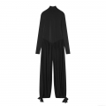 Women's Solid Black High Neck Long Sleeve Jumpsuit Loose Fit High Waist Pleated One Piece Romper With Thumbholes Bow Tie Ankle For Casual Winter
