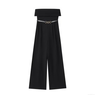 Women's Sexy Strapless Jumpsuit With Belt Black Polyester Twill High Waist Wide Leg Long Pants Elegant Party Evening Clubwear One Piece Romper