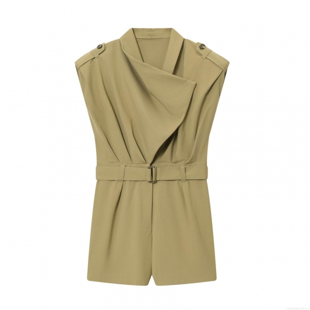 Women Cargo Sleeveless Jumpsuit Polyester Spandex Notched Lapel Belted Romper Military Style One Piece Short Jumpsuit For Daily Casual Wear