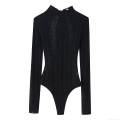 Women's Sexy Lace Bodysuit Long Sleeve Stand Collar One-Piece Jumpsuit With Satin Bow Decor Elegant Cotton Blend Clothing For Party Club Socialite Black