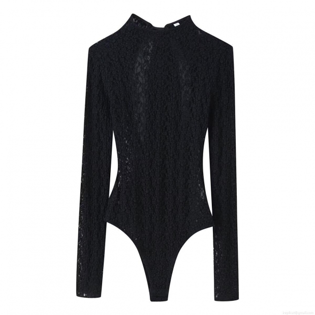 Women's Sexy Lace Bodysuit Long Sleeve Stand Collar One-Piece Jumpsuit With Satin Bow Decor Elegant Cotton Blend Clothing For Party Club Socialite Black