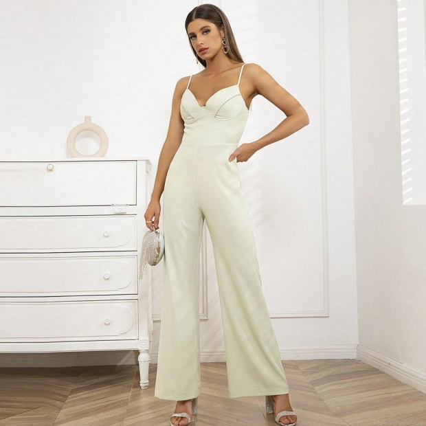 Women's Elegant Solid Color Polyester Spandex Jumpsuit With Rhinestone Trim Sexy Backless Sleeveless Camisole Wide Leg Long Romper For Party Daily Vacation Ladies Fashion Wear