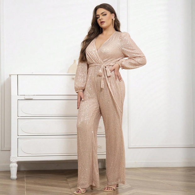 Women's Elegant Deep V-Neck Sequin Jumpsuit Long Sleeve Tie Waist Straight Leg Overall Champagne Gold Sexy Party Evening Club Romper For Ladies