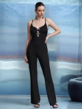 Women Sexy Black Spaghetti Strap Jumpsuit Slim Fit Hollow Out Rhinestone Bow Knot Backless One Piece Jumpsuit Long Pants For Party Nightclub