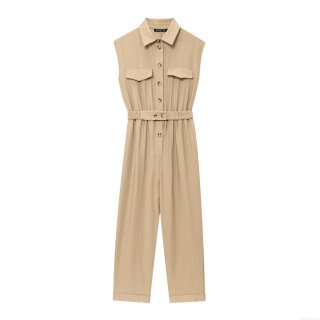 Women's Sleeveless Jumpsuit Solid Color Cotton Blend Workwear Style Lapel Button Up Romper With Belt Straight Leg Commuter Long Jumpsuits For Ladies