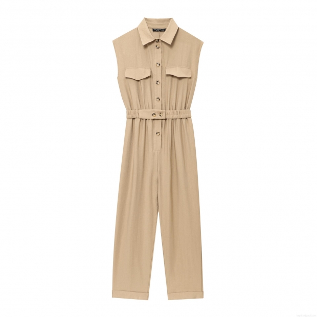 Women's Sleeveless Jumpsuit Solid Color Cotton Blend Workwear Style Lapel Button Up Romper With Belt Straight Leg Commuter Long Jumpsuits For Ladies