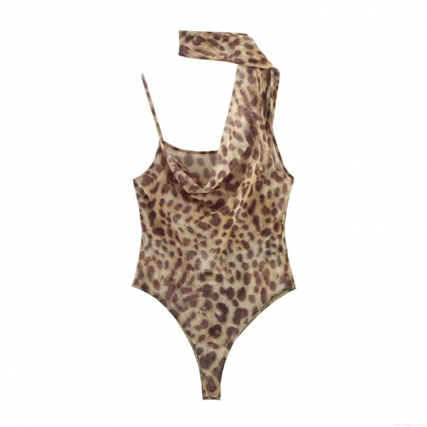 Women Sexy Leopard Print Mesh Bodysuit Asymmetric One Shoulder Halterneck Slim Fit Party Clubwear Sheer Mesh Leotard Top