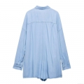 Women's Light Blue Denim Romper Jumpsuit Cotton Blend Long Sleeve Button Up Short Playsuit With Pocket Turn Down Collar Casual Elegant Lady Outfit