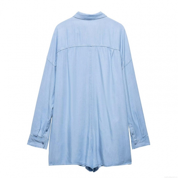 Women's Light Blue Denim Romper Jumpsuit Cotton Blend Long Sleeve Button Up Short Playsuit With Pocket Turn Down Collar Casual Elegant Lady Outfit