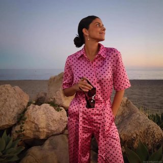 Women's Retro Polka Dot Jumpsuit Satin Luster Short Sleeve Turn-down Collar Belted Straight Wide Leg Romper One-Piece Outfit for Summer Vacation