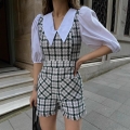 Women Vintage Plaid Tweed Jumpsuit Contrast White Peter Pan Collar Puff Sleeve Romper Elegant Short Jumpsuit With Belt For Party