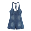 Women's Sexy Halter Neck Denim Romper Washed Blue Cotton Blend Jumpsuit Backless Sleeveless Straight Playsuit With Side Zipper For Summer Party Vacation