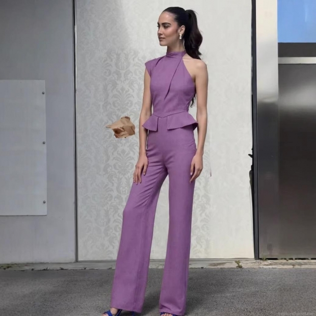 Women's One Shoulder Jumpsuit Elegant Cotton Polyester Peplum Ruffle Wide Leg Long Pants Sleeveless Halter Party Wedding Guest Outfit For Ladies