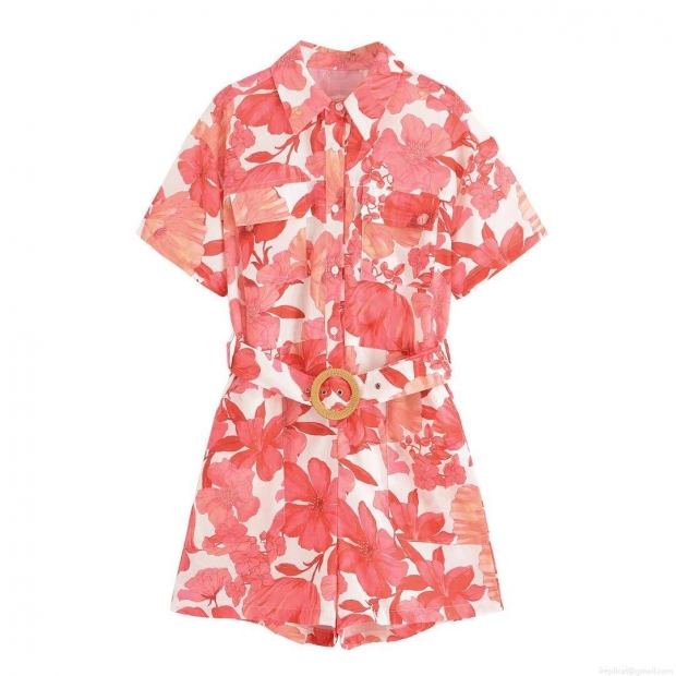 Women Summer Floral Print Short Sleeve Romper With Belt V-Neck Button Down Casual Beach Jumpsuit Polyester Lightweight Outfit