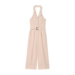 Women Halter Neck Backless Jumpsuit With Belt Elegant Notched Lapel Wide Leg Cotton Blend Sleeveless One Piece Long Pant Romper