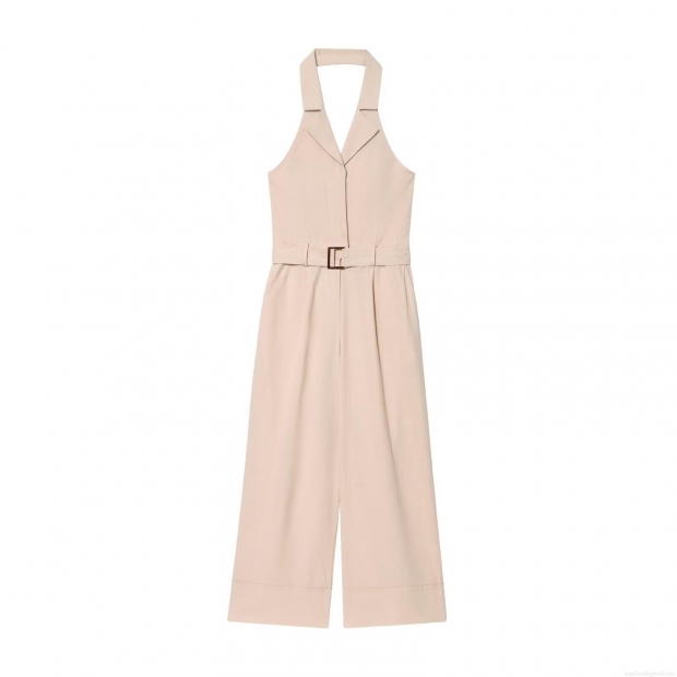 Women Halter Neck Backless Jumpsuit With Belt Elegant Notched Lapel Wide Leg Cotton Blend Sleeveless One Piece Long Pant Romper