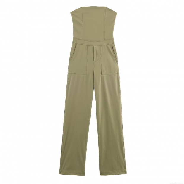 Women Strapless Wide Leg Jumpsuit Elegant Cotton Polyester Twill Cargo Pocket Side Zipper Romper Casual Chic Long One Piece Outfit For Ladies