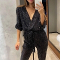 Women's Sexy Deep V-Neck Long Sleeve Sparkly Sequin Jumpsuit Elegant Waist Tie Full Sequin Romper For Party Evening Banquet Formal Clubwear
