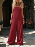 Women's Casual Wine Red Wide Leg Jumpsuit Solid Color Strappy Sleeveless Loose Romper High Waist Full Length Jumpsuit With Pockets Vacation Beachwear Women Clothes