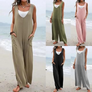Women's Casual Sleeveless V-Neck Jumpsuit Cotton Blend Wide Leg Romper With Pockets Summer Beach Vacation Solid Color Loose Overalls