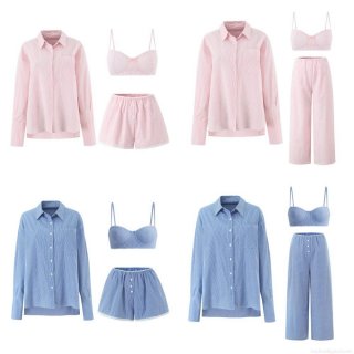 Women's Striped 3 Piece Loungewear Set Cotton Blend Long Sleeve Button Down Shirt Camisole Tank Top Lace Trim Shorts Casual Summer Home Pajamas Outfit