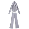 Women's Casual Sports Set Polyester Zip Up Short Hoodie Jacket and High Waist Micro Flare Pants 2 Piece Lounge Yoga Outfits Solid Color