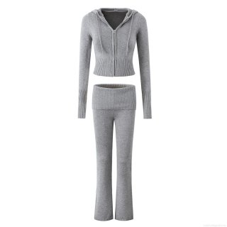 Women's Knit Lounge Set Zip Up Hooded Crop Top And Flare Legging Pants High Elastic Solid Color Ribbed Tracksuit Two Piece Outfits For Winter Autumn Streetwear