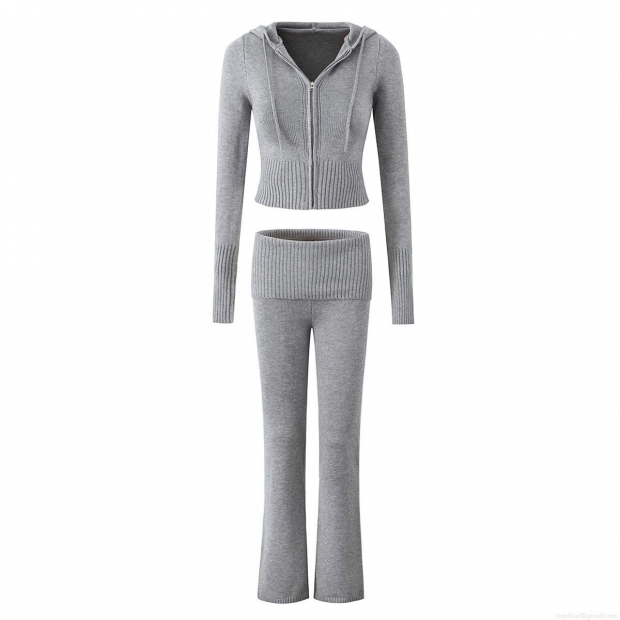 Women's Knit Lounge Set Zip Up Hooded Crop Top And Flare Legging Pants High Elastic Solid Color Ribbed Tracksuit Two Piece Outfits For Winter Autumn Streetwear