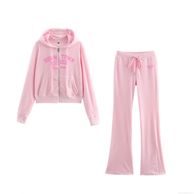 Women's Fashion Pink Velour Tracksuit Set Hooded Zip-up Velvet Hoodie and Drawstring Flare Pants 2 Piece Lounge Set With Downtown Rodeo Print For Spring Autumn Casual Wear