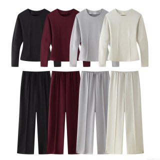 Women's Casual Two-Piece Loungewear Set Solid Round Neck Sweatshirt And High Waist Wide Leg Pants Set Polyester Sporty Tracksuit For Women