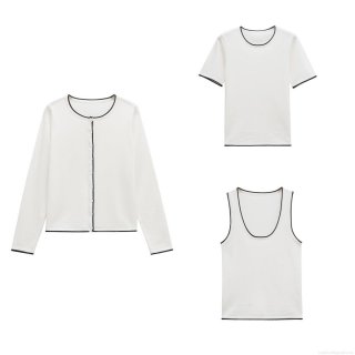 Women's 3-Piece Knit Set Contrast Trim Long Sleeve Cardigan Short Sleeve T-Shirt Cami Vest Casual Streetwear Outfits Mercerized Cotton White Black Trim Knitwear Tops