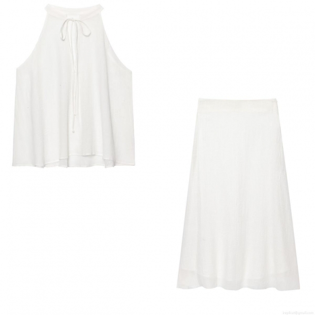 Summer Women Halter Neck Sleeveless Tie Top And High Waist Midi Skirt Two Piece Set Plain White Polyester Cotton Linen Blend Casual Outfits