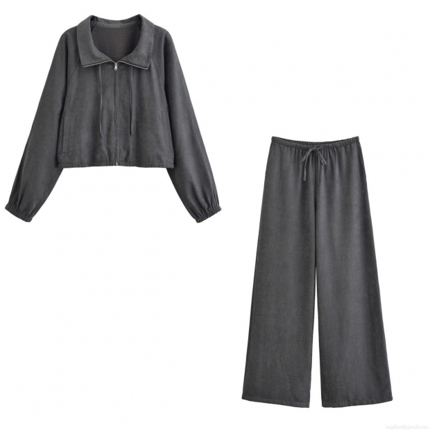 Women's 2-Piece Lounge Set 100% Polyester Zip Up Cropped Jacket and Wide Leg Drawstring Pants Casual Streetwear Autumn Solid Color Leisure Outfit