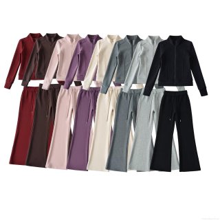 Women's 2-Piece Fleece Lined Tracksuit Set Solid Color Stand Collar Zipper Jacket and High Waist Wide Leg Sweatpants Casual Sporty Loungewear Outfits