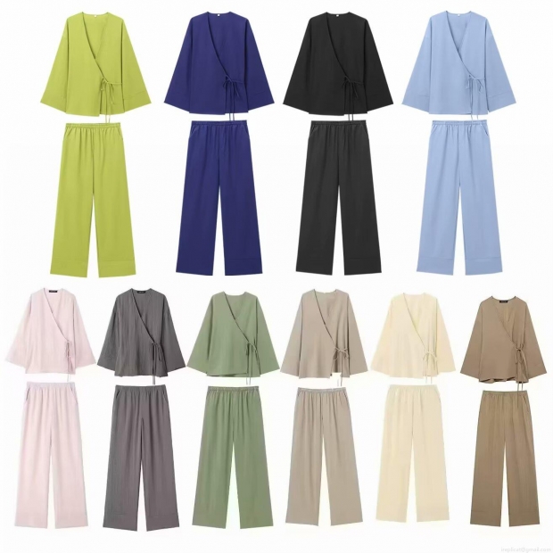 Women Casual Cotton Linen Kimono Wrap Top And Wide Leg Pants Two Piece Set Solid Color Minimalist Loungewear Long Sleeve Tied Waist High Rise Trousers Streetwear Outfits