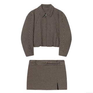 Women Retro Houndstooth Two Piece Set Boucle Tweed Zipper Jacket And Belted Split Mini Skirt Casual British Style Autumn Winter Outfits For Lady