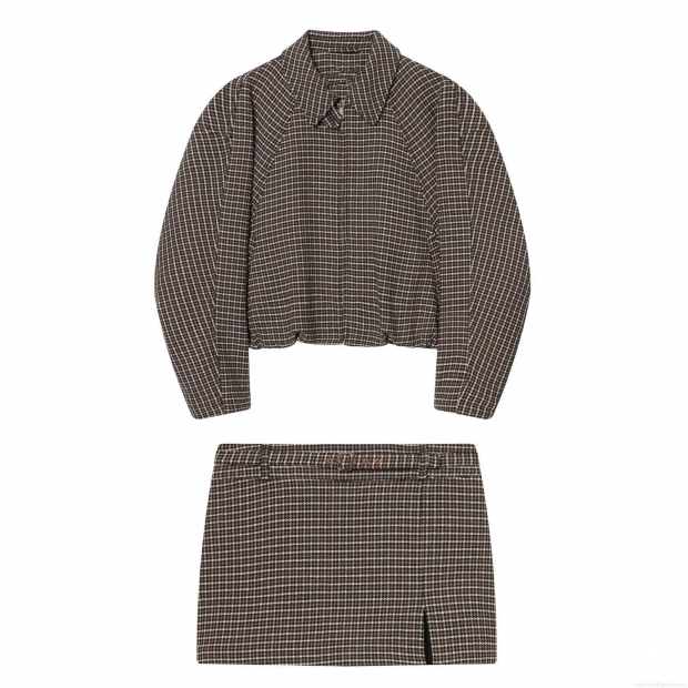 Women Retro Houndstooth Two Piece Set Boucle Tweed Zipper Jacket And Belted Split Mini Skirt Casual British Style Autumn Winter Outfits For Lady