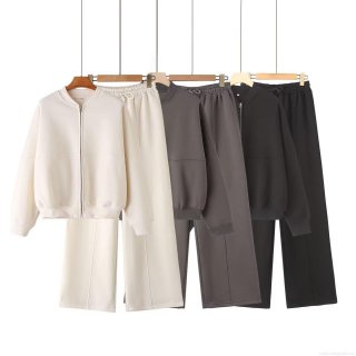 Women's Casual 2 Piece Fleece Tracksuit Set Zipper Stand Collar Bomber Jacket And Wide Leg Sweatpants Soft Knitted Lounge Sport Streetwear Outfit