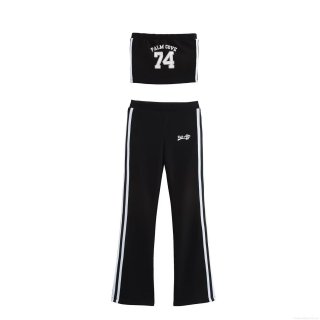 Women Sporty Casual Set Polyester Cotton Letter Print Tube Top Flare Pants Zipper Jacket Streetwear Outdoor Activewear Spring Autumn Slim Fit Two Piece Outfit