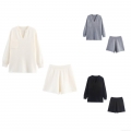 Women's Knit 2 Piece Outfits Casual V Neck Long Sleeve Top And Shorts Set Solid Color Loungewear Loose Fit Knitwear Homewear Polyester Tracksuit