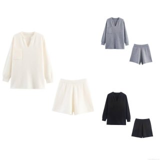 Women's Knit 2 Piece Outfits Casual V Neck Long Sleeve Top And Shorts Set Solid Color Loungewear Loose Fit Knitwear Homewear Polyester Tracksuit