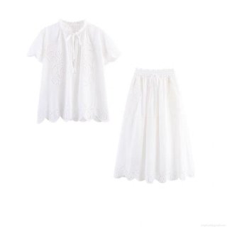 Women's Bohemian Hollow Out Embroidery Two Piece Set 85% Cotton Lace-up V-Neck Short Sleeve Blouse And Elastic Waist A-Line Midi Skirt Sweet White Casual Outfit