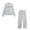 Women's Manhattan USA Letter Print Sweatshirt And Sweatpants Preppy Style Cotton Blend Long Sleeve Top And Elastic Waist Joggers Casual Loungewear Set