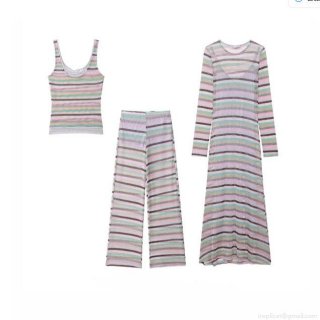 Women Multi-Color Horizontal Stripe Knit 3-Piece Set Sleeveless Cami Top High Waist Wide Leg Pants Long Sleeve Maxi Dress Sweet Casual Vacation Outfit