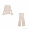 Women Elegant Cream Knit Loungewear Set French Vintage Lace Patchwork Long Sleeve Round Neck Top and High Waist Long Pants 2 Piece Casual Home Suit