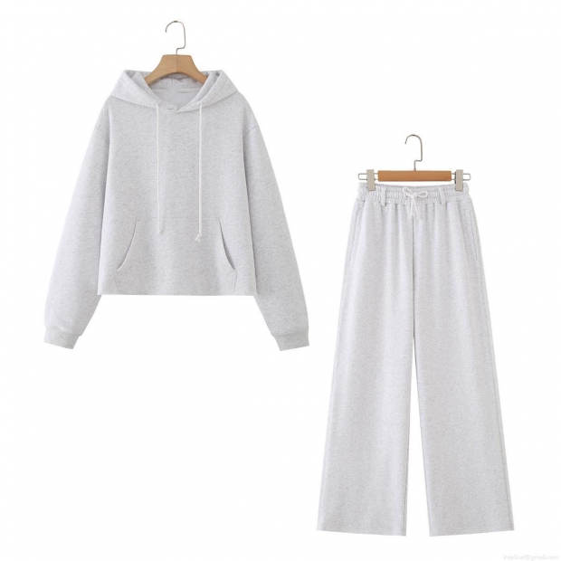 Women's 99% Cotton Soft Grey Knit Hoodie and Wide Leg Pants Set Raw Hem Casual Long Sleeve Loungewear Two-Piece Suit With Kangaroo Pocket